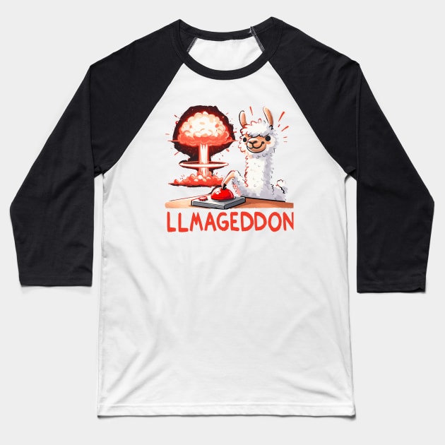 Llamageddon Llama (Back Print) Baseball T-Shirt by DoodleDashDesigns